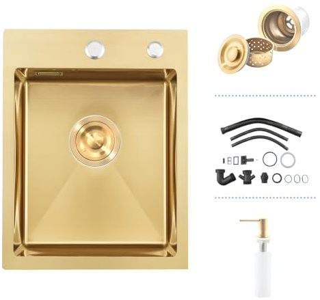 Lavello Cucina 35 x 45 cm, iAnomla Lavello Cucina 1 Vasca Oro in Acciaio Inox, Lavello da Esterno per Camper con Set di Drenaggio e 2 Fori di Preforato, Installazione a Sopratop o Filotop