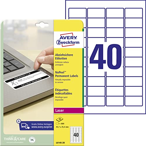 AVERY Zweckform L6145-20 Abziehsichere Folienetiketten (800 Aufkleber, 45,7x25,4mm auf A4, extrem stark selbstklebend, manipulationssicher, wasserfest, bedruckbare Klebefolie) 20 Blatt, weiß
