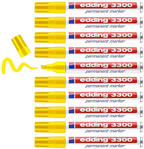 edding 3300 Permanentmarker - gelb - 10 Stifte - Keil-Spitze 1-5 mm - schnell trocknender Permanent Marker - wasserfest, wischfest - für Karton, Kunststoff, Holz, Metall - Universalmarker