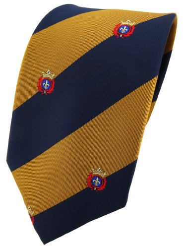 TigerTie Designer Krawatte in gold goldbraun dunkelblau gestreift mit Wappenmuster