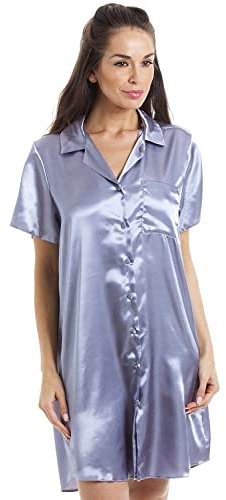 Camille Womens Luxurious Knee Length Plain Satin Nightshirts 10 Silver