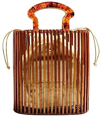 YYW Damen Mode Bambus Tasche mit Acrylgriff Eimer Tasche Sommer Strand Clutch Handtasche, braun, Einheitsgröße