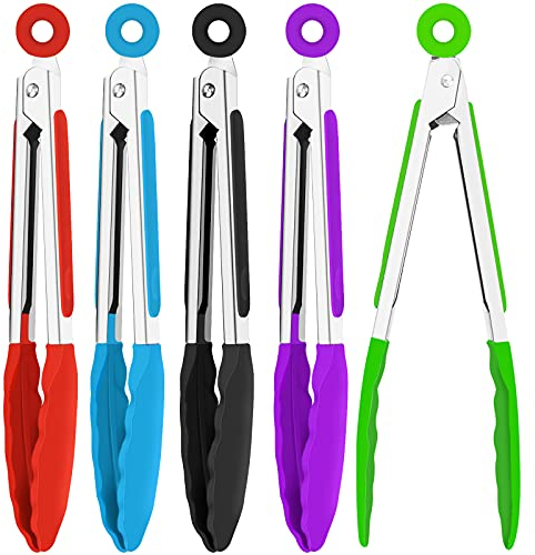Juego de pinzas pequeñas de silicona de 7 pulgadas, mini pinzas de cocina con puntas de silicona, pinzas de cocina de acero inoxidable para ensalada, parrilla, freír y cocinar (azul, verde, rojo,