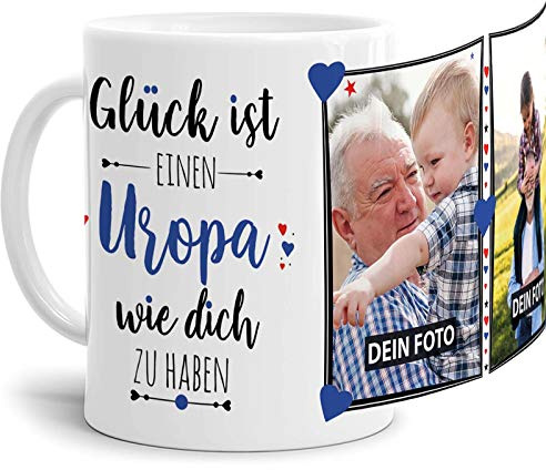 Tassendruck Fototasse mit Spruch für Uropa - Glück ist, jemanden wie Dich zu haben - zum Selbst gestalten mit 2 Fotos, Weiß, 300 ml