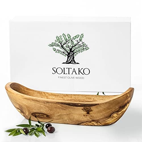 SOLTAKO Corbeille à Pain Rustique - Long Panier à Baguette en Bois D'Olivier - Plat de Service pour Baguette, Croissant, Fruit - Corbeille à Fruits - Panier Présenté Dans Un Coffret Elégant