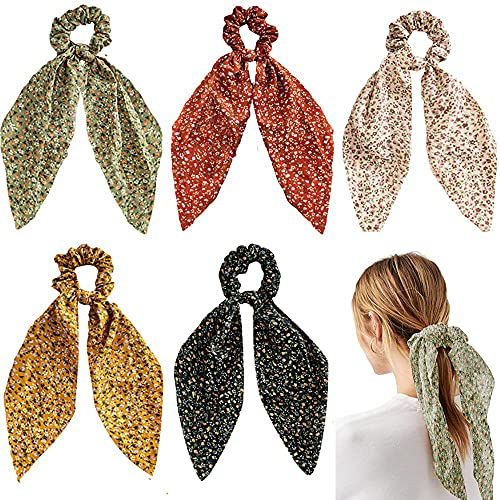Modische Haargummis mit Schleife im Blumenmuster, Scrunchies aus Chiffon, lange Haarbänder, 2-in-1-Haargummis, für Pferdeschwanz, Haarschmuck für Damen, Mädchen