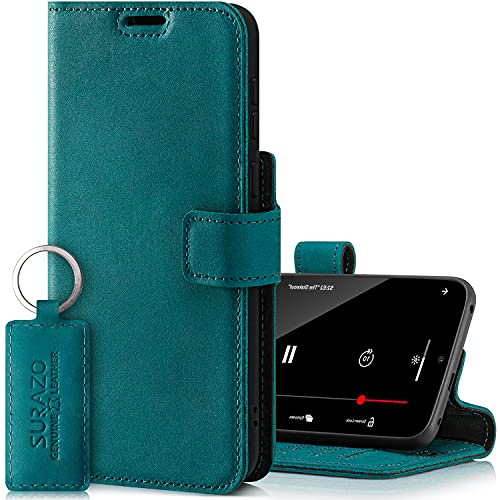 SURAZO Prestige Leather Case for Apple iPhone 13 Mini - RFID Wallet Flip Cover with 3 Card Slots & Cash Pocket - Secure Magnetic Closure & Kickstand - Real Leather Folio Bumper (Turquoise)