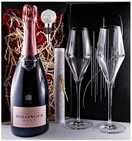 Bollinger Rosè Champagner + Flaschenverschluß + 2 Champagnergläser im Geschenk Karton Geschenkset Frauengeschenke Männergeschenke Schaumwein