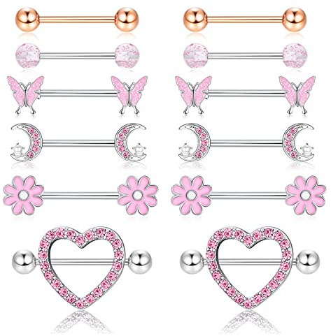 ORAZIO 6 Paires 14G Anneaux de Mamelon pour Femmes en Acier Inoxydable 316L Coeur Papillon Lune CZ Fleur Barbell Anneaux de Mamelon Ensemble Mignon Nipplerings Piercing Bijoux