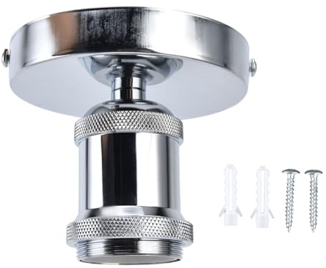 ViaGasaFamido Vintage Lampenfassung, E26/E27, Aluminium und Eisen, Silber, 100-240V, 85mm Höhe, mit Montagezubehör für Deckenleuchten