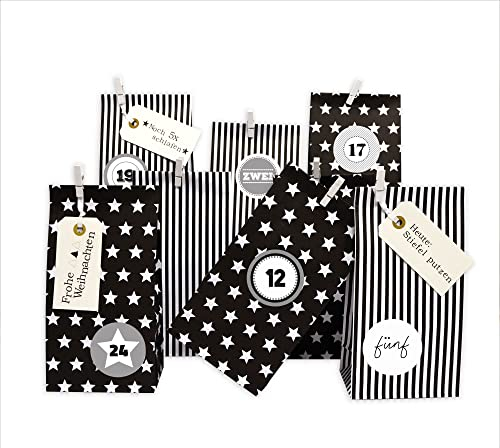 Frau WUNDERVoll® DIY Adventskalender zum Befüllen Weihnachtszeit, Blockbodenbeutel 12(L) x7(B) x24(H) cm matt schwarz mit Sternen u. Streifen weiß, Ziffern grau/Weihnachten, Papiertüten, Kinder