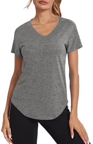 Wayleb Sportshirt Damen Lang Sport T-Shirt Rundhals Kurzarm Sport Longshirt Fitness Laufshirt Funktionsshirt Sommer Gym Yoga Running Oberteile Top, grau M