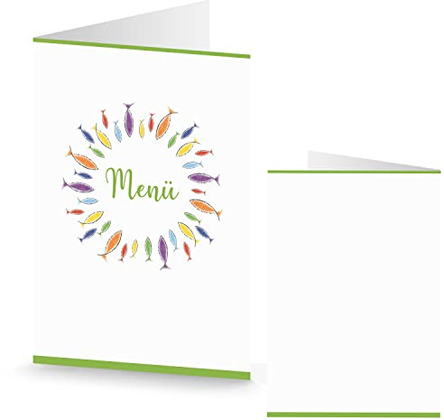 Logbuch-Verlag 10 Menükarten zum Beschriften & Bedrucken - bunte Fische - Speisekarte Tischdeko für Taufe & Kommunion DIN A5