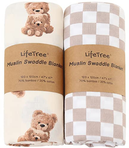 LifeTree Baby Pucktuch Musselin Tuch, 2 Stück 120x120cm Musselin Swaddle Decke Baby Bambus Baumwolle Swaddle Wrap für Junge und Mädchen, Bär & Kariert