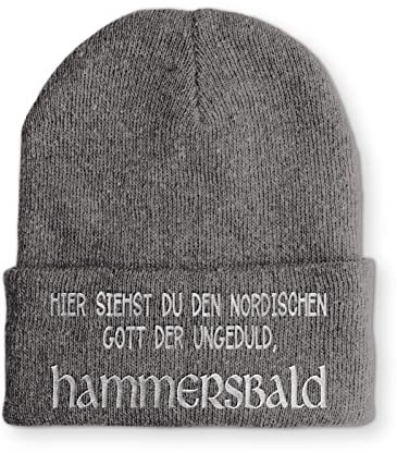 tshirtladen HAMMERSBALD Beanie - Ungeduldiger Gott des Nordens | Lustige Strickmütze mit nordischem Spruch für Damen & Herren | Warme Mütze Winter | Farbe: Grau