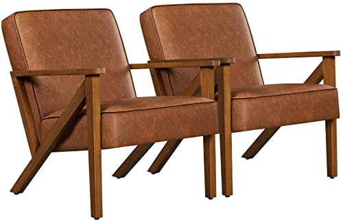 Yaheetech Fauteuil de Salon Lot de 2 en Similicuir Fauteuil d’appoint avec Cadre en Bois Pieds et Accoudoirs en Forme de Z Siège de Bureau Chambre Réception Brun Clair