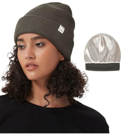 Hat Hut Unisex Slouch Beanie Satin Gefütterte Wintermütze Strickmütze für Haar, Warme Satin Lined Beanie Mütze für Damen Herren (DE/NL/SE/PL, Alphanumerisch, Einheitsgröße, Taupe Grün)