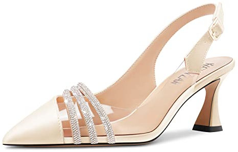 HEUIVZAR Women Mid Kitten Heel Pointed Toe Sandals Pumps Court Shoe Slingback Rhinestone Crystal Office Dress 6.5 CM Heels Nude 6 UK