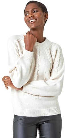 Roman Originals Pearl Embellished Cable Knit Jumper for Women UK - Ladies Everyday Autumn Winter Round Neckline Comfy Soft Evening Vacation Work Party Night Out - Natural - Size 20
