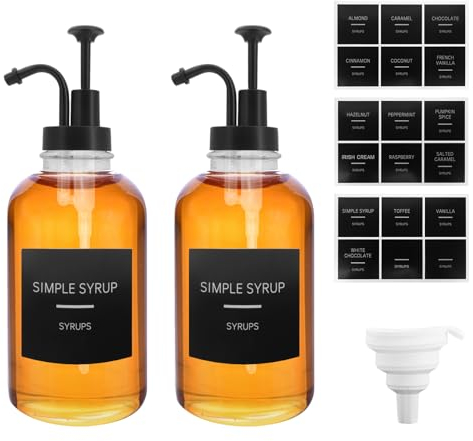 Kaffee Sirup Spender Glas Set, 2 Stück Kaffeesirup Pumpspender, Sirup Pumpspender 16.9 oz 500 ml, Kaffeesirupspender mit Trichter, 2 Pumpen, 18 Aufkleber, Glassirupflasche für Bar Hausbar Küche