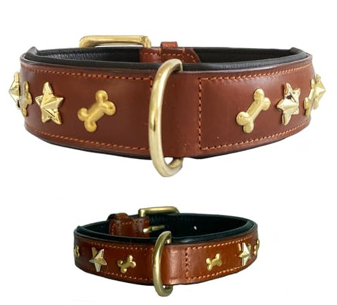 Hochwertiges Robustes Hundehalsband aus echtem Leder mit Verstellbarer Passform, Applikationen Halsband Hund in 5 verschiedenen Größen– breit und schmal –für kleine, mittelgroße und große Hunde (XXL)