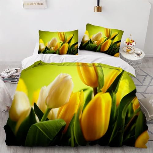 Tizhweqo Tulpe Bettwäsche 135x200 Gelbe Blumen Bettwäsche Set Weiche Mikrofaser 3D Druck Gelb Bettbezug Set mit Reißverschluss Bettbezüge und 2 Kissenbezug 80x80 cm C91
