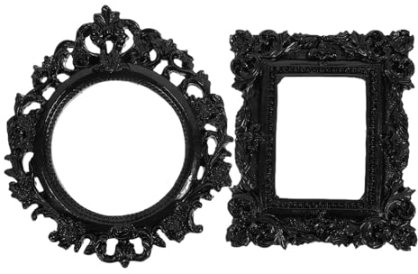 Kichvoe 2 Stück Vintage-Bilderrahmen Antiker Fotorahmen Barock-Karten-Fotohalter Tischplatte Display-Rahmen Für Zuhause Schwarz Rechteckig Rund