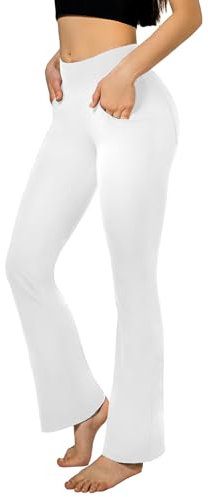 SINOPHANT Flared Yogahose Damen Leggings High Waist Schlaghose Blickdicht Leggins Bootcut Jogginghose with Taschen Weiß L