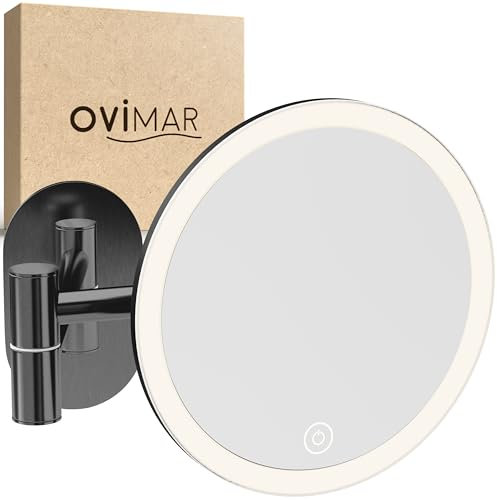 ovimar Kosmetikspiegel Ringstind Gunmetal | mit Beleuchtung | wiederaufladbar | Wandmontage ohne Bohren | im Badezimmer | 5fach Vergrößerungsspiegel | Schminkspiegel mit Licht | 360 Grad Spiegel