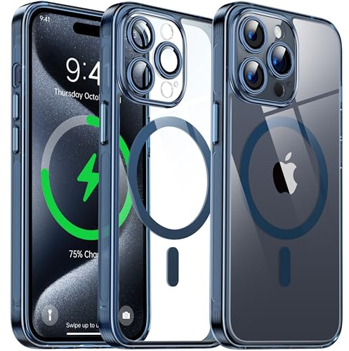 Flyzoo Magnetisch Hybrid Clear Hülle für iPhone 15 Pro - [Kompatibel mit MagSafe] [Eingebaute Kameraschutz Folie] Hart Durchsichtig Handyhülle Stoßfeste Transparente mit Silikon Schutzhülle, 6,1,Blau