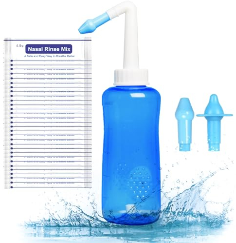 SSKHE Neti Pot,Kit de rinçage nasal,Kit d'irrigation nasale,Rinçage des sinus,Nettoyeur de nez, Bouteille à pression pour une meilleure respiration et une meilleure hygiène nasale 300ml(30 Packet)