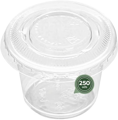 MAXI PRODUCTS - 250 Salseras Transparentes con Tapa Transparente - Botes de Plástico Reutilizables con Tapa para Salsas - Tarrinas Transparentes 30 cc - Envases para Salsas - EXTRA RESISTENTES