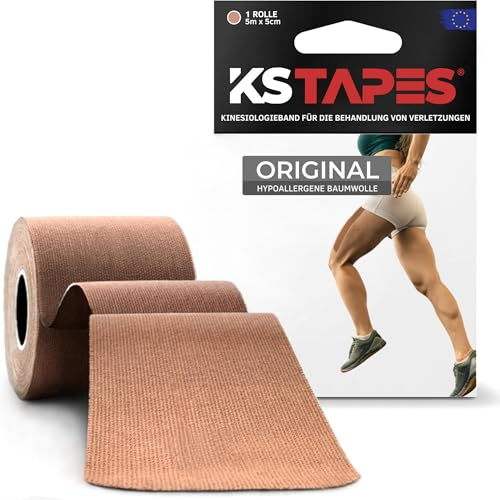 KS TAPES® Cinta kinesiologica deportiva adhesiva elastica 5cm*5m | Kinesiotape vendaje neuromuscular tiras fisioterapia kinesio tape deportivo venda fisioterapeuta dolor muscular rodilla (Beige)