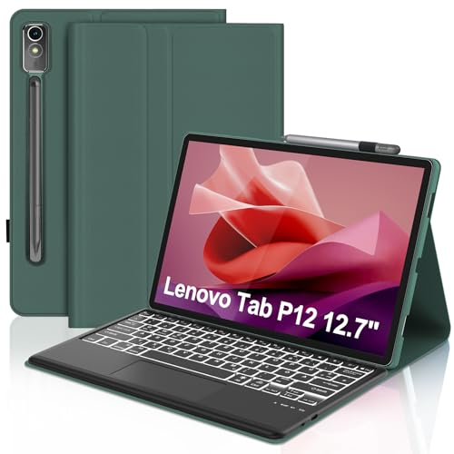 IVEOPPE Tastatur für Tab P12, Hülle mit Tastatur für P12 12.7 2023, Magnetische Bluetooth 7 Farbige Beleuchtung QWERTZ Touchpad Tastatur für P12 Pro Tablet 12,7 Zoll, Dunkelgrünes