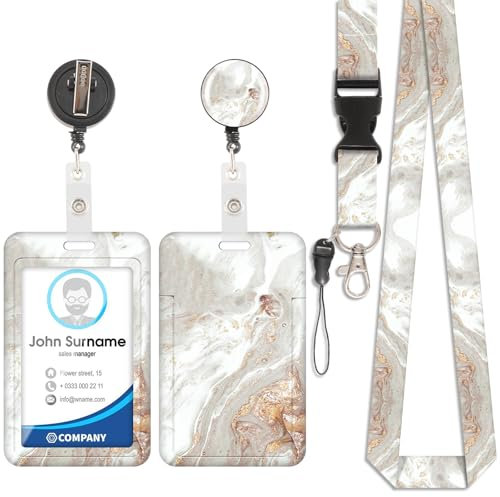 Porte-Cartes En Marbre, Badge D'Identification, Porte-Cartes En Marbre, Cordon Détachable avec Pince Rétractable pour Porte-CléS, Cartes Nominatives, Cartes de Porte, Cartes D'Identité(Blanc)