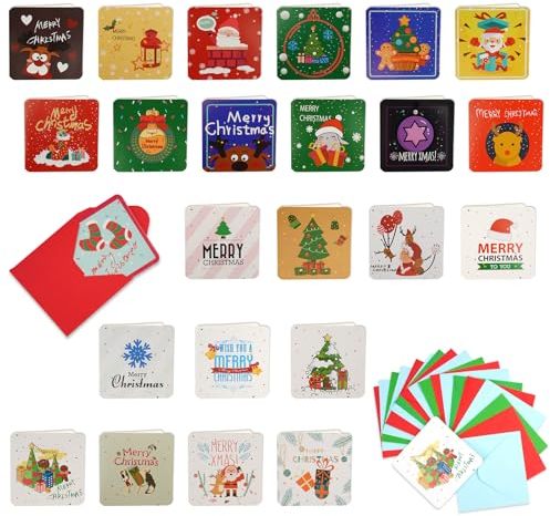 24 Stück Weihnachtskarten Set, Klein Weihnachtskarten mit Umschlag, 7x7cm Klappkarten Weihnachten, Christmas Cards mit Niedlich Muster, Blanko Grußkarten zum Schreiben, Weihnachtskarte Postkarten
