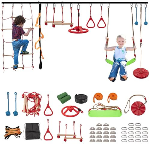 ZIKEBTUY 18M Ninja Warrior Hindernisparcours (13 Hindernisse), Ninja Slackline Kit für Kinder, langlebige Spielgeräte mit 13 Komplett-Set-Affenstange, Schaukel, Balanciergurt, Kletterleiter & Netz