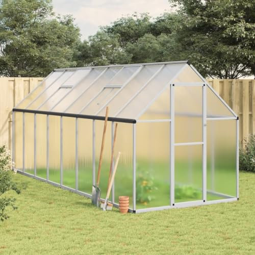 IKAYAA Gewächshaus mit Fundamentrahmen Gewächshaus Aluminium für den Garten Treibhaus Gartenhaus Winterfest Aufzucht Tomatenhaus Frühbeet und Pflanzenhaus-Silber-445 x 169 x 195 cm