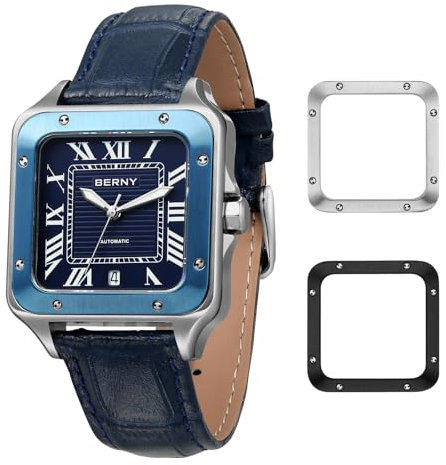 BERNY Automatische Uhr für Männer Quadratische Uhren Saphirlinse AR Beschichtung Mechanische Uhren 10ATM wasserdichte Männer Analoge Armbanduhr Vintage Männeruhr mit 2 austauschbarer Lünette