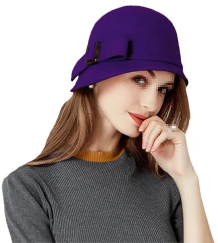 OLSKFUH Damen Schwarzer Wollfilz Glockenhut Top Fischerhut Mit Schleife Breite Krempe Bowler Damen Schlapphüte Derbyhüte,F-M 53-57cm