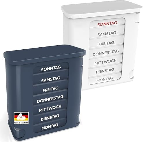 Kerpers® Tablettenbox 7 Tage | MADE IN GERMANY | Pillendose mit 4 Fächer - morgens mittags abends nachts | Medikamentenbox für Tabletten und Supplements (2x Weiss/Blau-Grau)