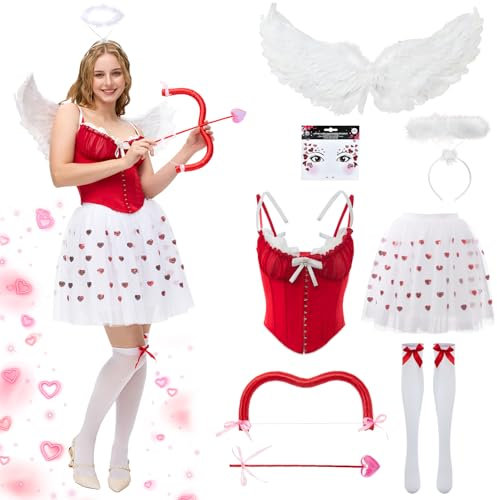 Ulikey Amor Kostüm Damen, Cupid Engel Kostüme mit Korsett, Engelsflügel, Heiligenschein Engel, Herzchen Tutu Rock, Amor Pfeil, Bogen, Herz Gesichttattoos für Fasching Valentinstag Karneval