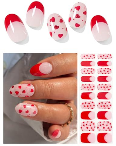 AutyaMee Semi Cured Gel Nail Strips (Red Love), Valentines Day, 20 Pcs Gel Nail Wraps, Stickers, UV Light Required, Salon Quality, Long Lasting