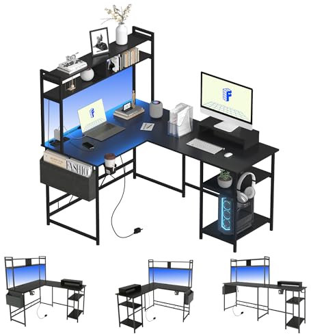 FLEXISPOT 140×120CM Reversible L-Shaped Gaming Desk with Multi Color LED Lights, Power Outlets, USB Ports & Monitor Shelf – Black Office Desk for Home Setup