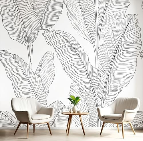 JEDTAKCT Papier Peint Panoramique 3D 200X140Cm (Lxh) Papier Peint Noir Blanc Tapisserie Poster Geant Mural Feuilles Bananier Peintes À La Main Pour Salon Chambre Décoration Murale, Plantes Simples