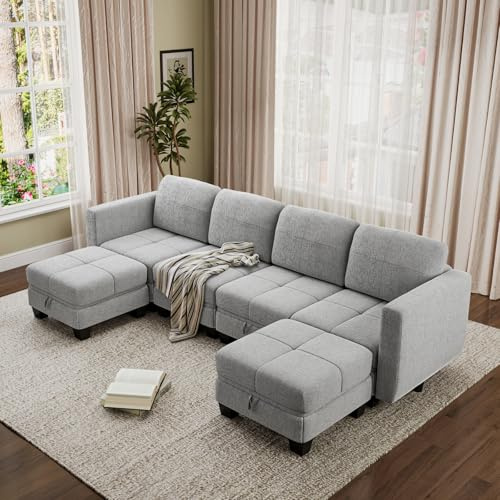 Luxstein 6 Seater Sofas with Ottoman, Fabric Modular Sectional Sofa with Storage Seat and Upholstered Cushions for Living Room Home Office, Grey