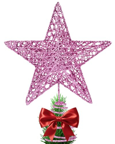 KEYIDO Pink Star Christmas Tree Topper Star for Christmas Tree Metal Xmas Blush Pink Tree Topper for Christmas Decorations Ornaments H 20cm/8Inch W 15cm/6inch