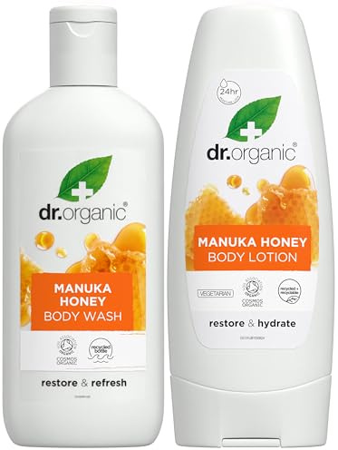Dr Organic - Manuka Honey Body Wash & Lotion Set - Women's & Men's Skincare - Restoring, Replenishing & Nourishing - Vegetarian, Cruelty, Paraben & SLS Free - 265ml & 200ml - Bundle