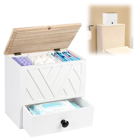 3 Fächer Binden Tampon Aufbewahrung Box, Schubladendesign Box für Slipeinlagen Bad Damen Hygieneartikel Aufbewahrung mit Deckel, Holz Aufbewahrungsbox Hygieneartikel Bad für Mädchen, Frauen, Weiß-1