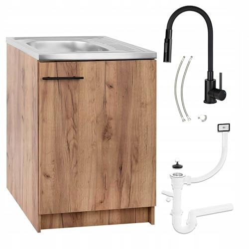 Stamar Möbel Spüle mit Unterschrank 60 cm Eiche Gold Küchenspüle 1-Kammer & Edelstahl-Spülbecken kompakter Spülenunterschrank für Küche, Standschrank 50cm Tiefe Siphon Montagefertig
